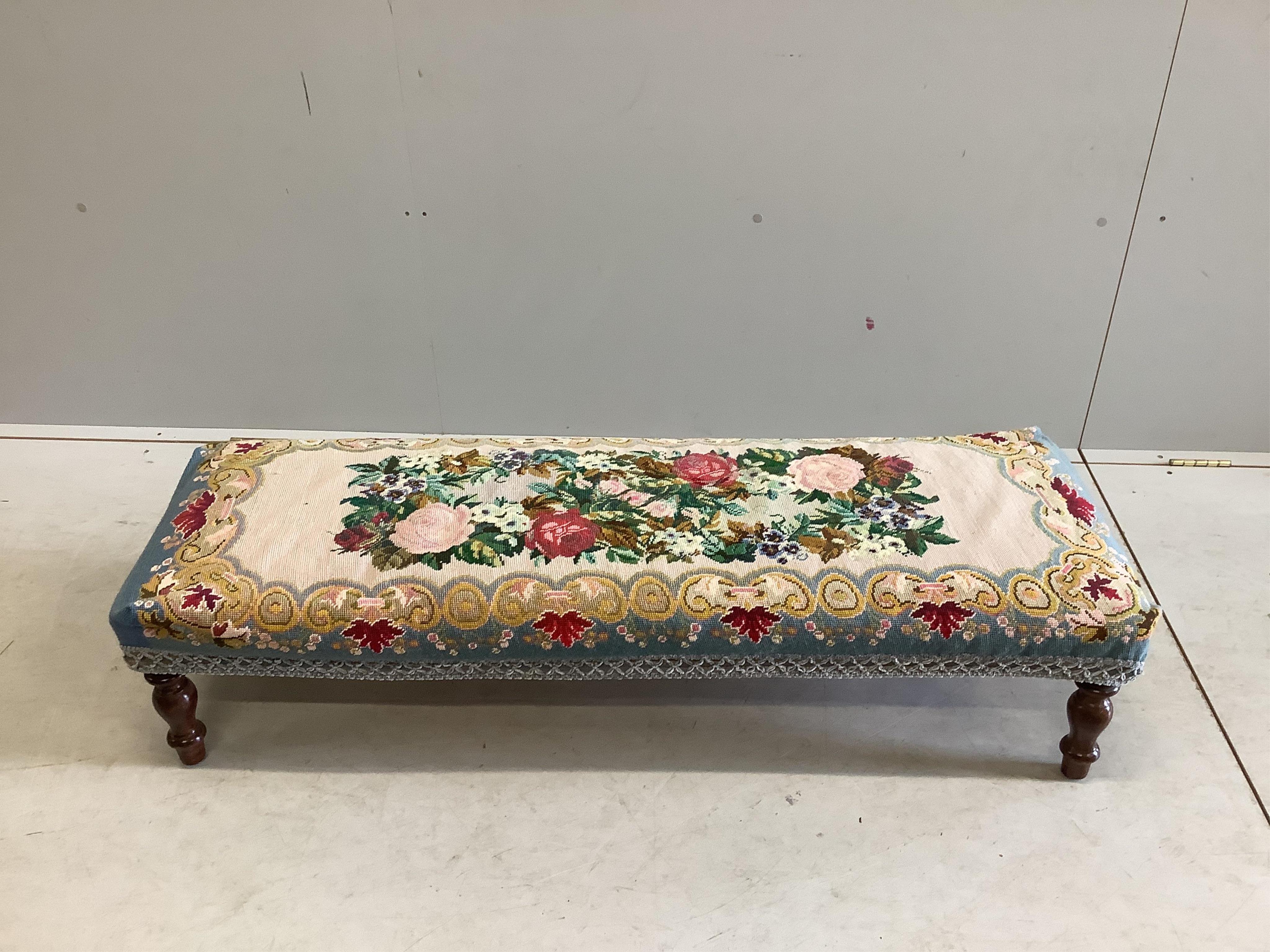 A Victorian style tapestry long stool, width 126cm, depth 42cm, height 28cm. Condition - fair